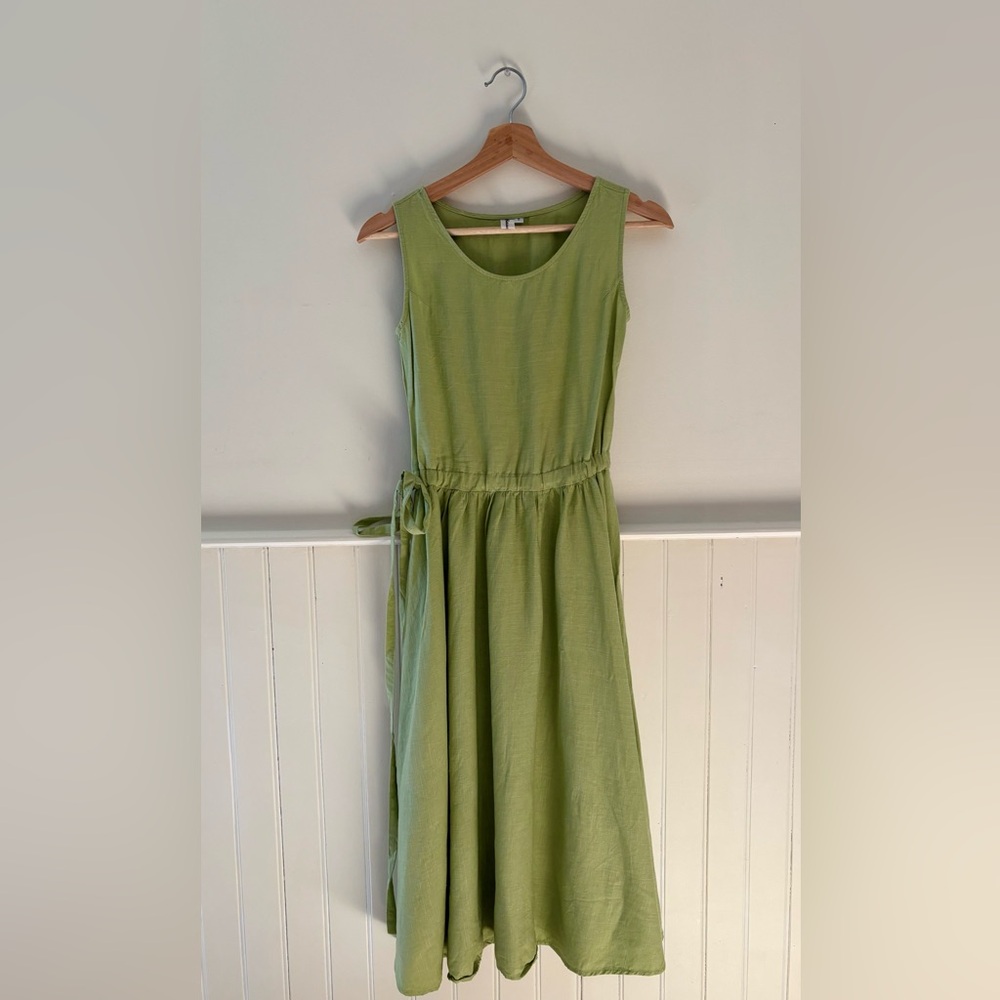 Y2K Green Linen Midi Dress with Tie